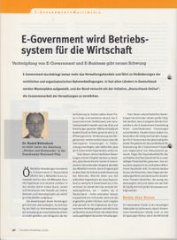 E-Government wird Betriebssystem für die Wirtschaft - Verknüpfung von E-Go­vernment und E-Business gibt neuen Schwung in: Innovative Verwaltung 3/2005, S. 40 ff.